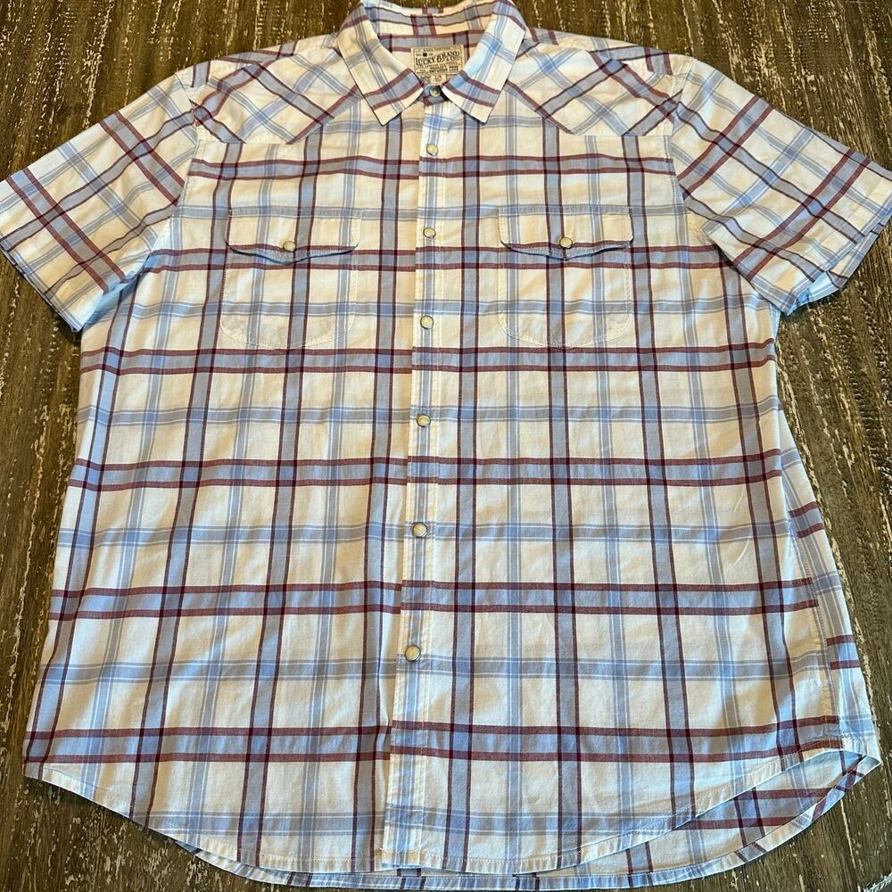 Lucky Brand Short Sleeve Stretch Pearl Snap Plaid Shirt White Blue Men’s Size L